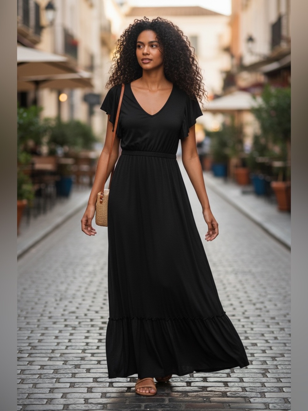 Rinascimento Black V-Neck Flutter Sleeve Maxi Dress (AS IS)